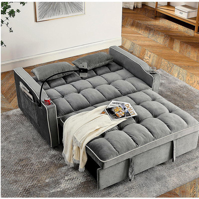 Canapé-lit pliable polyvalent de 55,51 pouces en 3 longueurs, canapé-lit moderne en velours coulissant, dossier réglable et avec port USB, cendrier et support pour téléphone pivotant (gris)