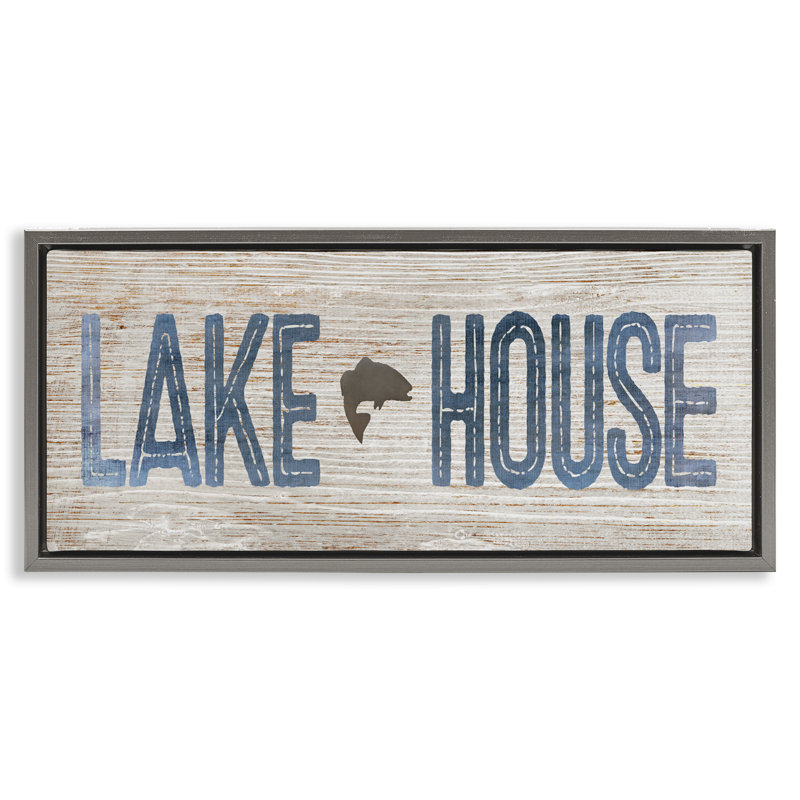 Lake House avec motif de poisson, H 11 po x l 25 po, Cadre flottant gris lustré