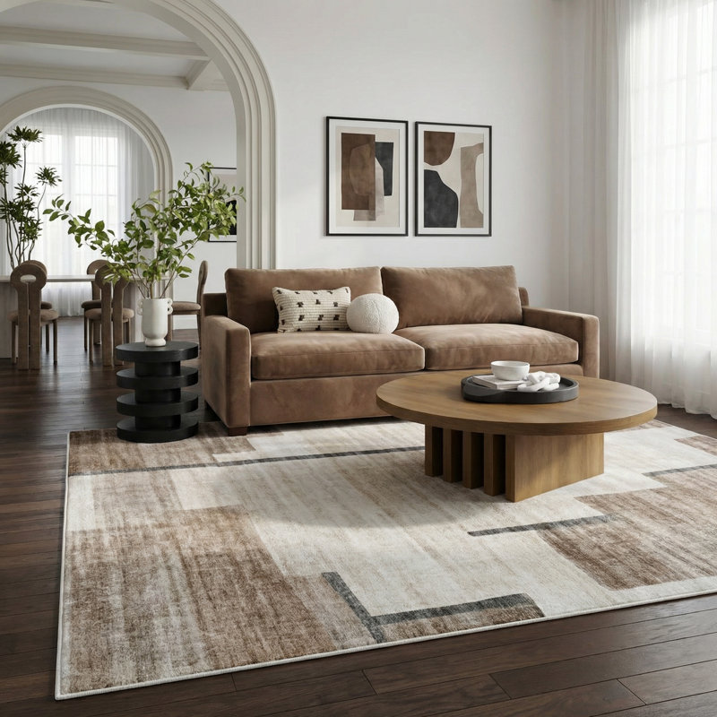 Rug Branch Miles 7' x 10' (6'7" x 9'6") Beige/Brown Geometric Area Rug, Contemporary, Medium Pile, Stain-Resistant Carpet - Living Room, Bedroom, Dining Room, and Kitchen