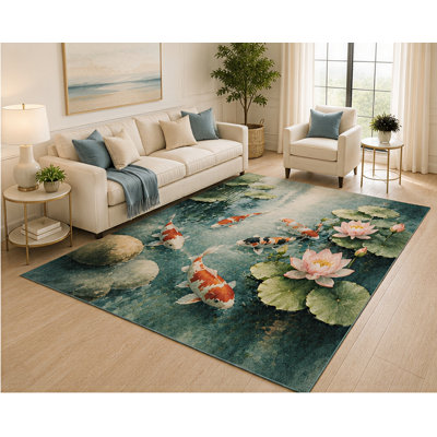 "Ultra Lightweight" 5'x7' Koi Fish Pond Area Rug, Japanese Lotus Water Garden Nature Design for Living Room Bedroom Office, Non-Slip Silicone Backing, Low Pile Carpet