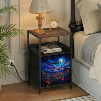2 Drawers Nightstand with Charging Station, Bedroom Nightstand with USB Ports, Outlets Open Shelf Black, night stand with Night Sky Full Moon Colorful Wildflower Field Print