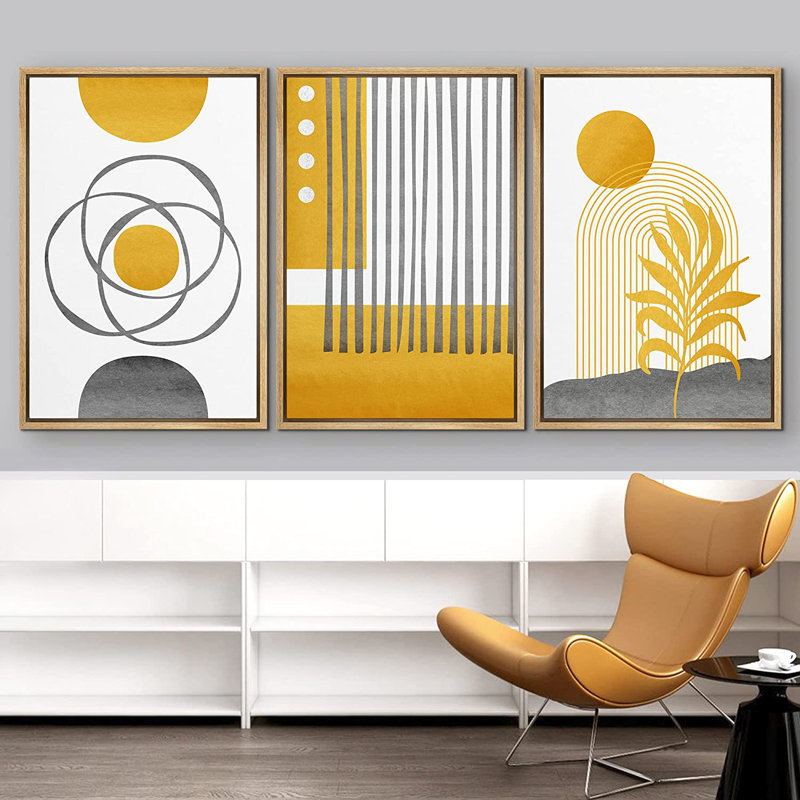 Cadre flottant de style Mid-Century moderne 3 pièces, impression sur toile, H 24 po x l 48 po x P 1,5 po, Naturel
