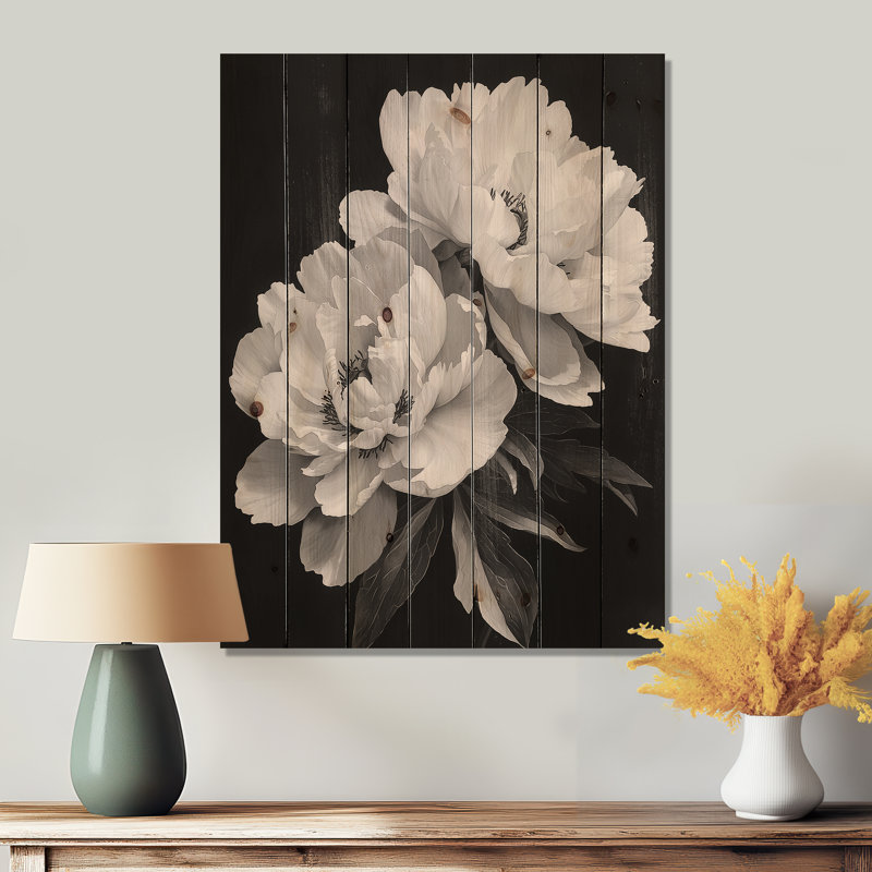 Pivoines monochromes avec veines foncées I - art mural en bois pivoines - sur bois de pin naturel