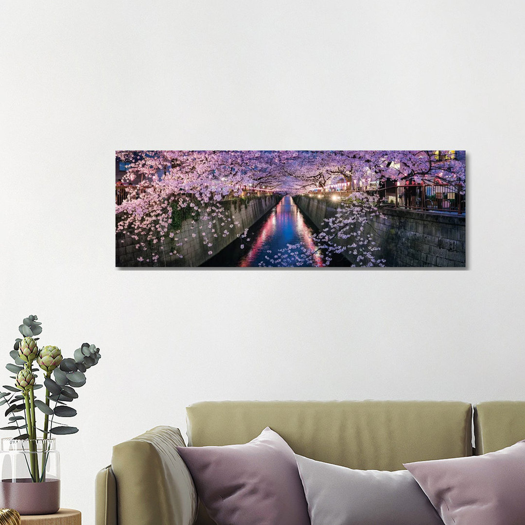 Panoramic View Of A Canal At The Nakameguro Cherry Blossom Festival In Tokyo by Jan Becke - Wrapped Canvas Panoramic Print