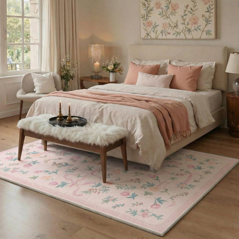 Pink Tulip Ribbon Area Rug 5 X 7 Ft for Bedroom, Light Pink