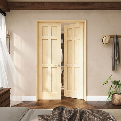 Porte française en bois de pin à 6 panneaux de 48 po x 80 po avec charnières argentées, bois de pin naturel, porte intérieure française comme porte de garde-manger, porte de chambre à coucher, porte de buanderie, portes de placard, portes de chambre, loquet et levier de porte inclus