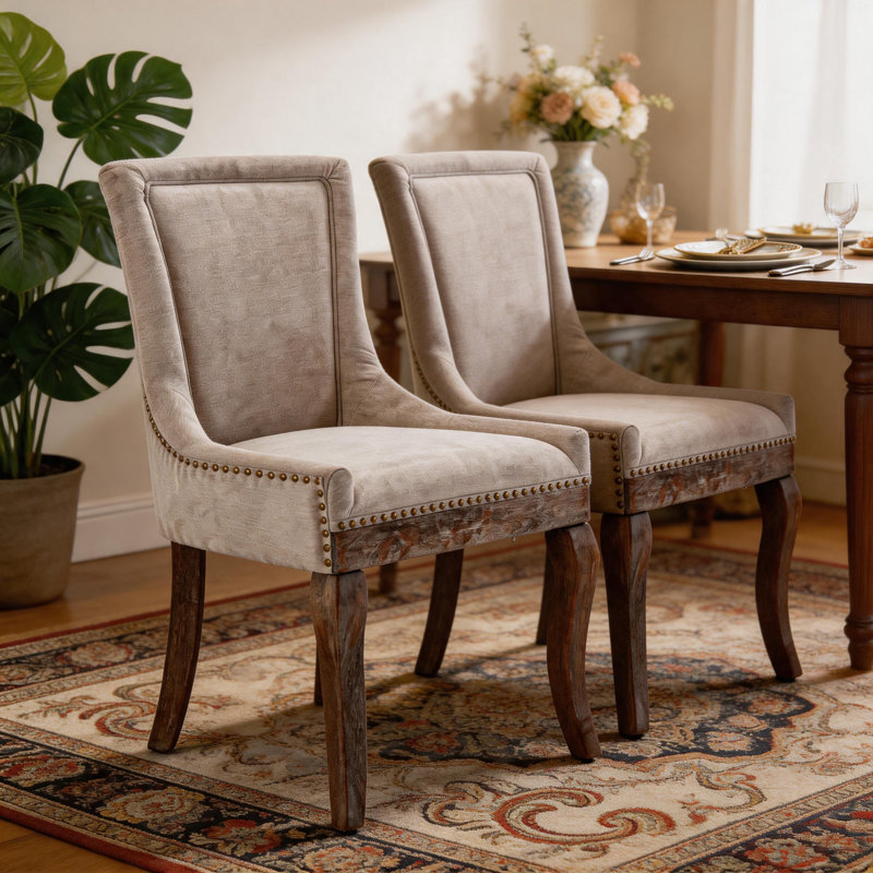 Solid Wood Fabric Upholstered Kitchen Chairs Dining Chairs Set of 2, Beige, 2