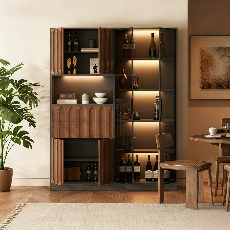 62.99" Solid Wood Wine & Sideboard Combo, Glass-Door Display Cabinet & Storage Organizer for Living Room