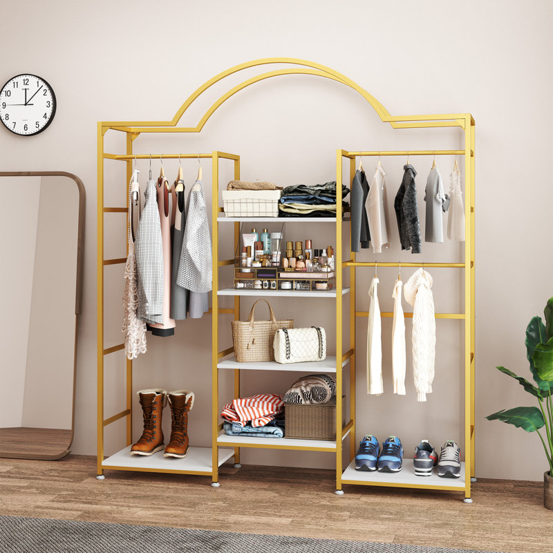 4-Tier Wardrobe Rack – Spacious Hanging & Shelving Storage Solution, Gold