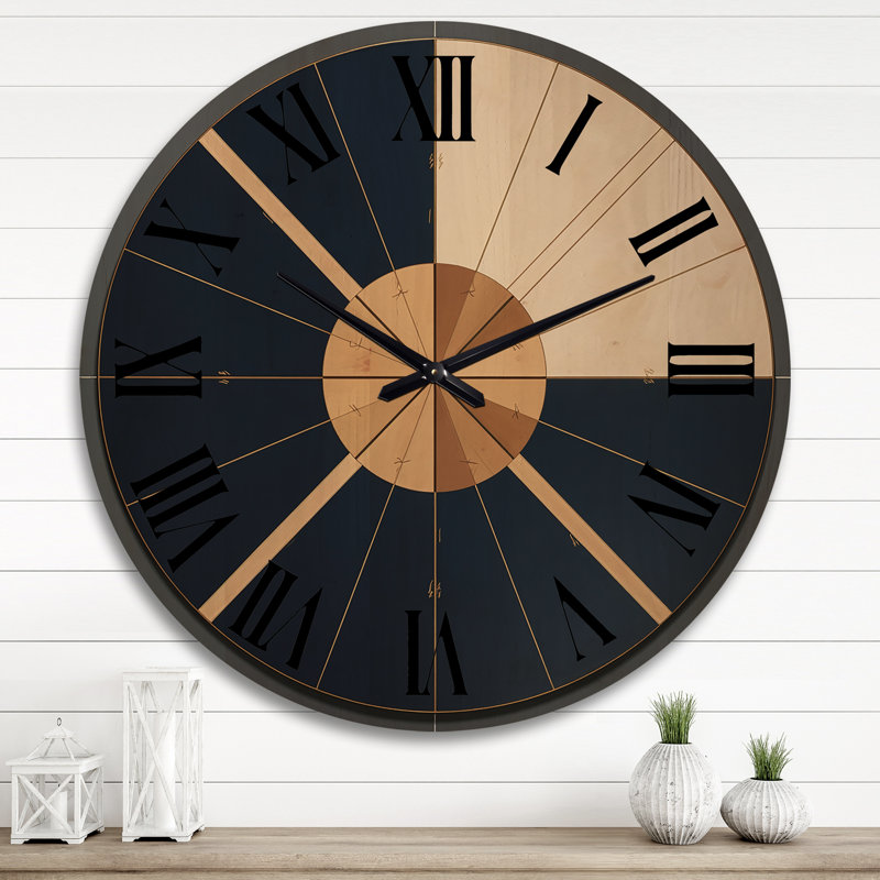 Minimal Sacred Geometry In Deep Blue And Gold - Modern Geometric Oversized Wood Wall Clock, Très grand