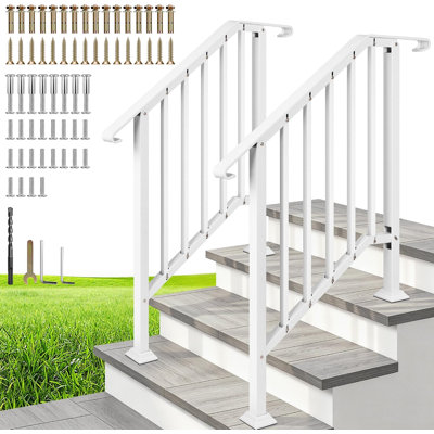 2-Pack 3-Step White Galvanized Steel Exterior Railing Kit with Curved Ends and Safty Balusters