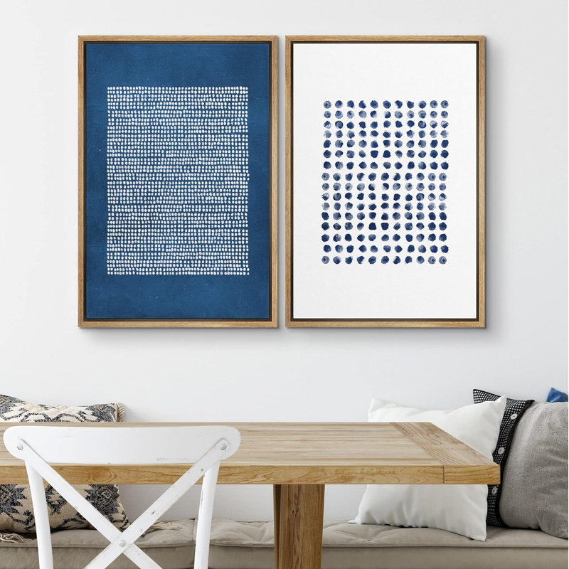 Bleu marine, blanc, collage géométrique à pois, images murales de forme abstraite, art moderne, bureau nordique - ensemble de 2 reproductions sur toile flottante