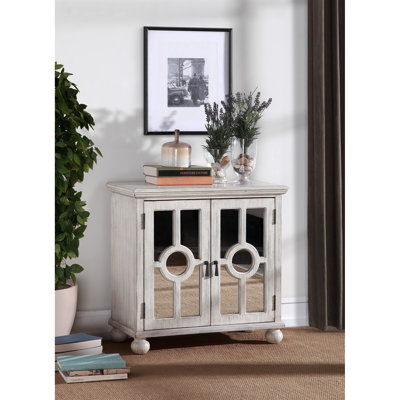Traditional Wooden Accent Chest With Antique White Paint And Mirror Doors Modern Finish Living Area Storage Unit