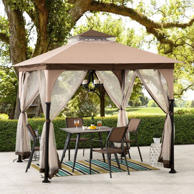 Sunjoy Outdoor Patio 9.5x9.5 Tan 2-Tier Steel Backyard Soft Top Gazebo with Ceiling Hook and Netting