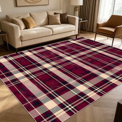 1PC Vintage Burgundy Plaid Tartan area rugs for Living Room, Soft and Comfortable, Suitable for all seasons, easy-to-maintain, machine washable Indoor floor mat, Under Table Farmhouse suitable for dining room, bedroom, kitchen, entryway, home office,