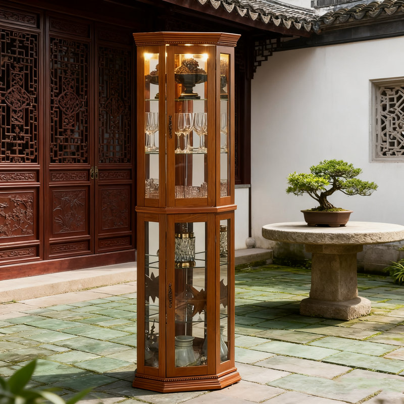 Vitrine de coin lumineuse avec dossier en miroir, tablettes en verre réglables, finition noyer (ampoule E26 non incluse), chêne