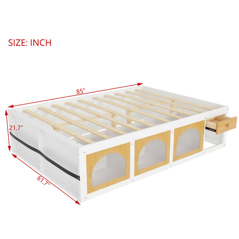 Queen Size Wooden Platform Bed With Bookshelf, Display Cabinet, Led Light And Drawer