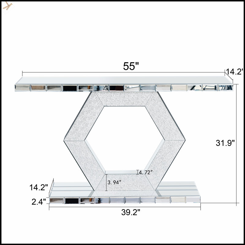 Sparkling Crystal Hexagon Mirror Entryway - Premium Modern Foyer Console Table With Diamond Glass Effects, Dual-Tier Luxury Sofa Table (55L X14.17W * 31.5H)