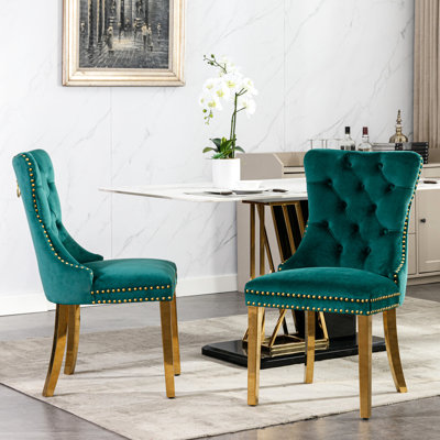 Paire de chaises de salle à manger rembourrées en velours, pieds en acier inoxydable doré, garniture cloutée, look contemporain, noir et doré, hauteur moderne Sw1601gn avec tissu 2 pièces,