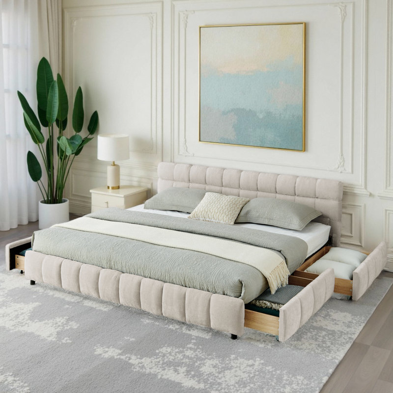 Lit plateforme tapissier très grand avec chenilles en tissu Chenille, Beige, Très grand lit