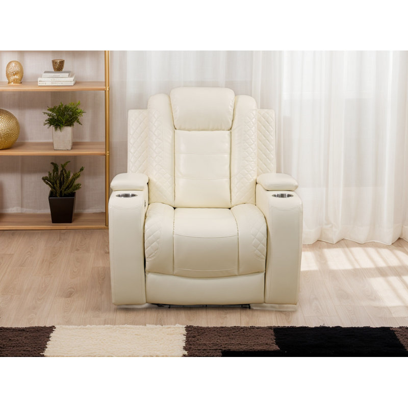 Fauteuil inclinable électrique de 37 po en cuir avec accoudoirs de rangement et lumières DEL bleues, Crème, crème