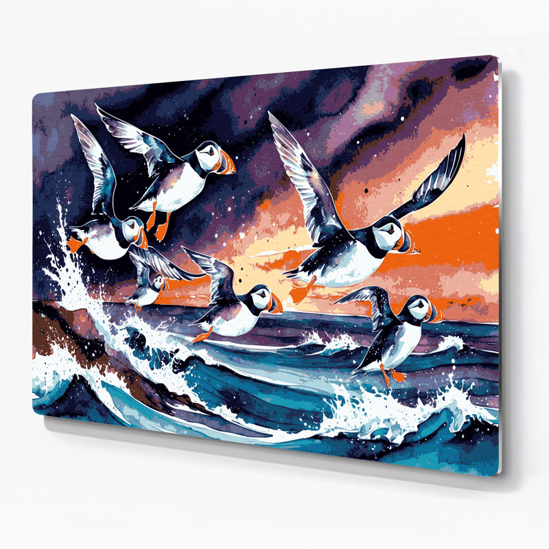 Oiseaux, macareux moine, art mural mauve, H 16 po x l 20 po