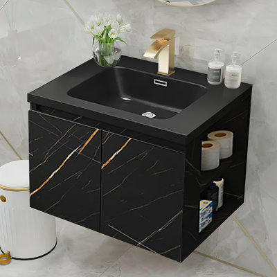 27.6" Modern Wall-Mounted Bathroom Vanity with Black Integrated Sink and Storage