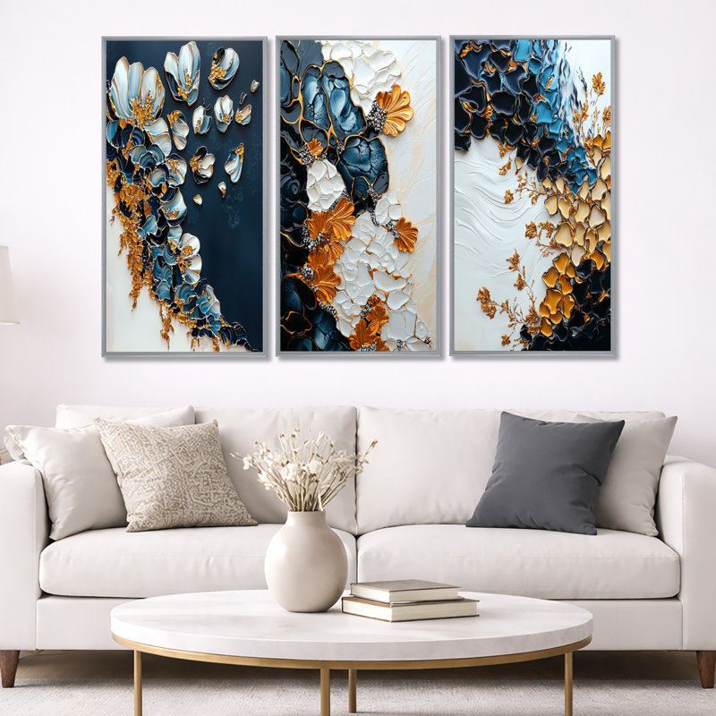 Bloom - Fleurs murales en marbre Reality, Encadrement argenté, 32" H x 48" W