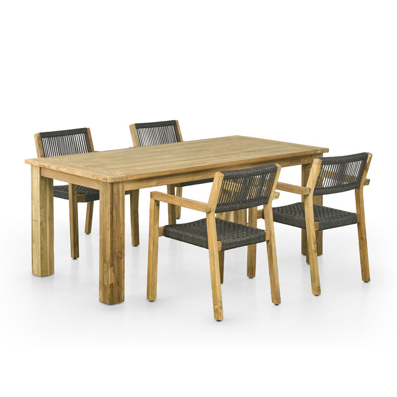 71" Bovey Reclaimed Teak Indoor Outdoor Dining Table Set With Four Rope Teak Armchairs, 30.3" H x 70.9" W x 35.4" D