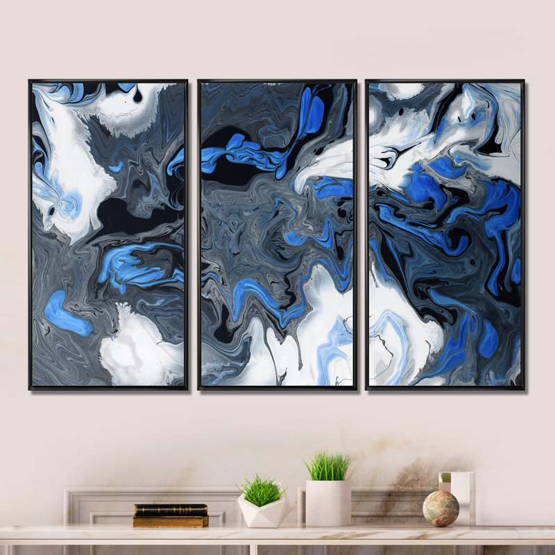 «Blue Liquide Art Waves On» blanc et noir - impression sur toile flottante 3 pièces, Cadre noir, H 28 po x l 36 po x P 1 po