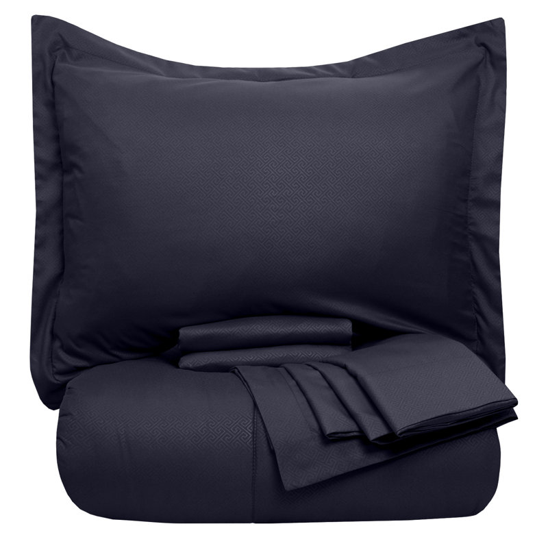 Greek Key Embossed Bed in A Bag Comforter Set, Navy, King Comforter 