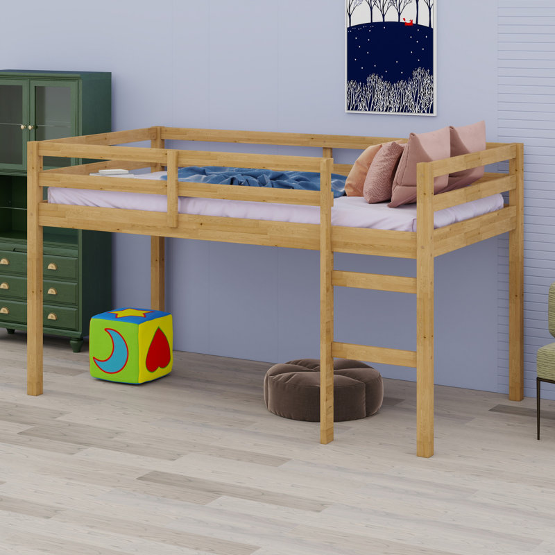 Solid Wooden, Rubber Wooden  Loft Bed With Ladder, Bed Platform Of Strengthened Slats, Natural