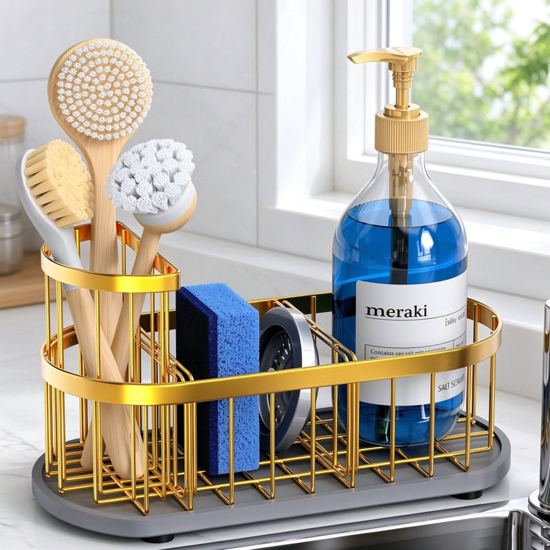 Support pour évier de cuisine en métal doré, porte-brosse en éponge avec tapis de séchage pour pierre, organisateur d'évier de comptoir