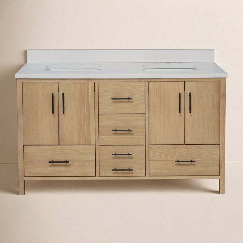 Kiara 60'' Double Bathroom Vanity with Top, Blonde, Matte White