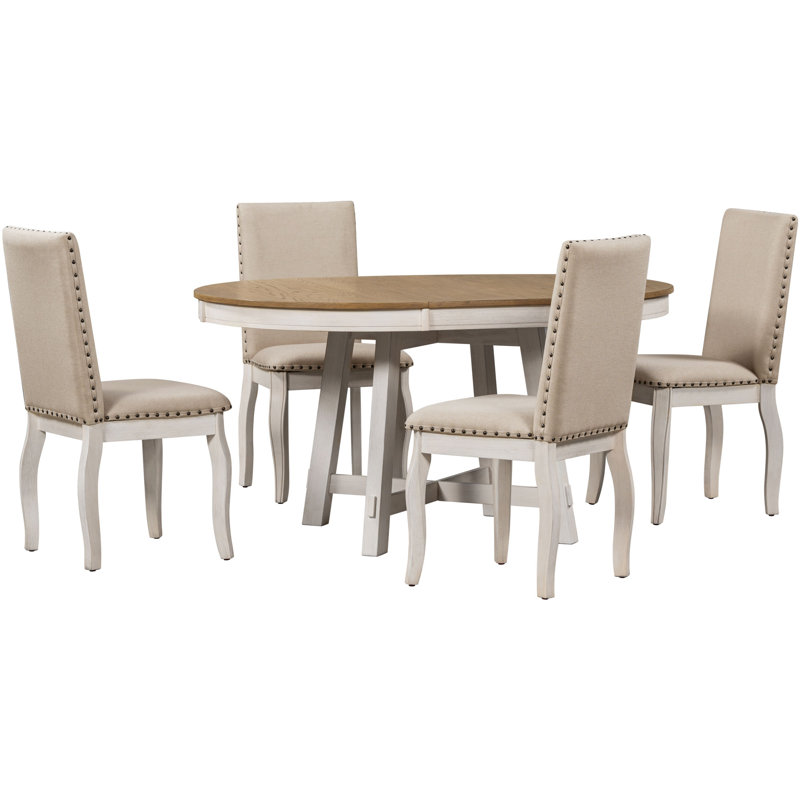 Ensemble de salle à manger extensible, Chêne naturel, Blanc antique, Blanc antique
