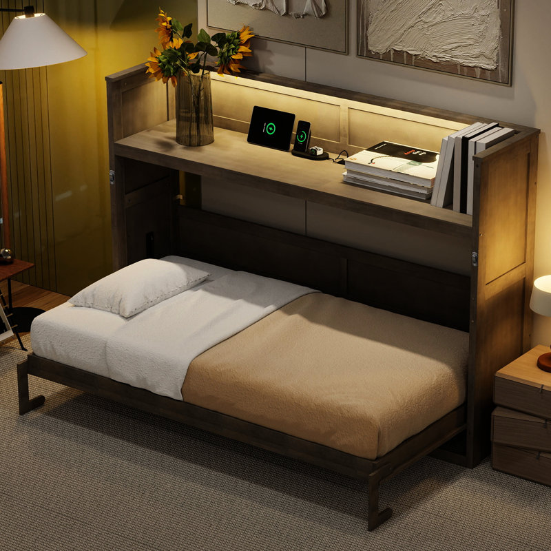 Lit simple gris très grand avec bureau, rangement à matelas, rangement facile pour un bureau à la maison