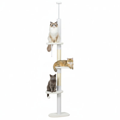 Arbre à chat du sol au plafond avec poteaux à griffer intégrés, hauteur réglable de 88,5 à 100,5 pouces, tour d'escalade pour chat mettant en vedette des plateformes en forme de nuage, des boules de jouets suspendues et un dispositif de sécurité anti-basculement, finition blanche