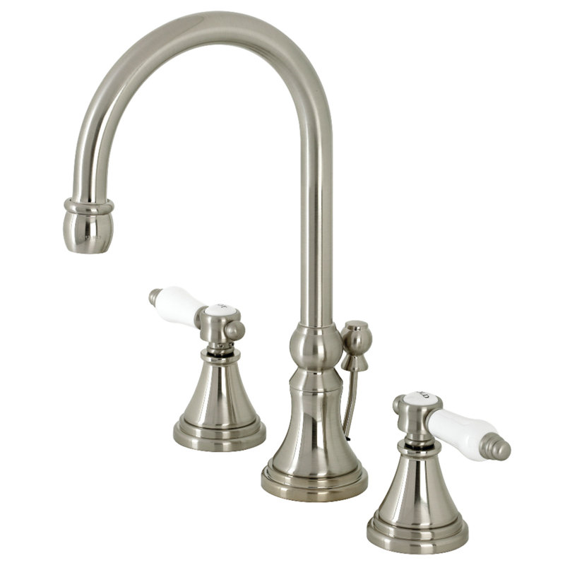 Kingston Brass Bel-Air Two-Handle 3-Hole Deck Mount Widespread Bathroom Faucet with Brass Pop-Up Drain, Brushed Nickel