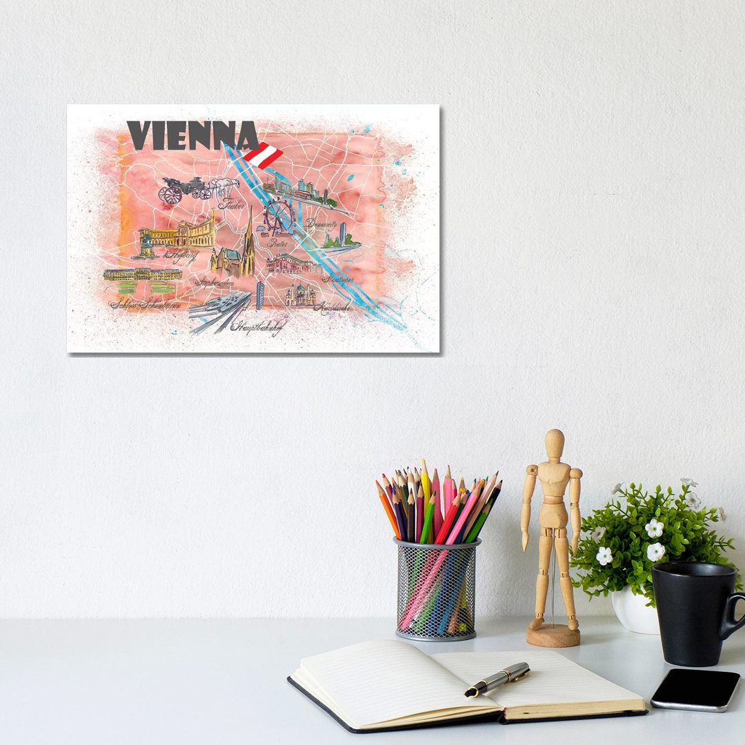 Vienna Austria Illustrated Map by Markus & Martina Bleichner - Painting on Canvas