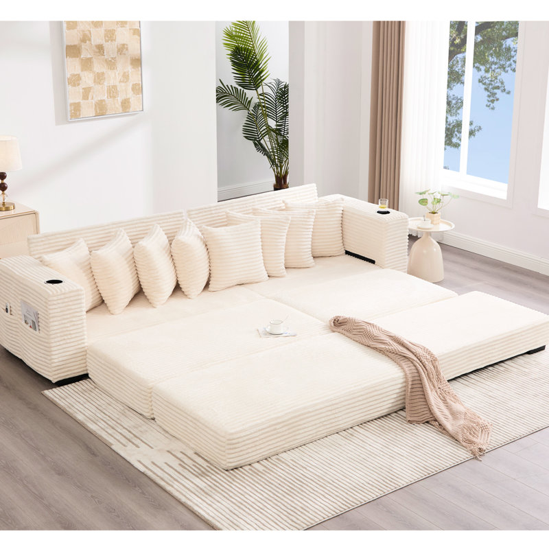 Vidéo - Canapé modulaire en velours côtelé 110,48 po, repose-pieds mobile, porte-gobelets, lit en L avec poches à magazines, 8 coussins et fonction