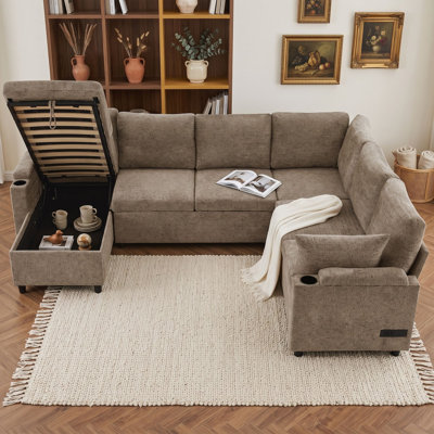 U-Shaped Chenille Sectional with Storage, Charging Ports and Two Cup Holders