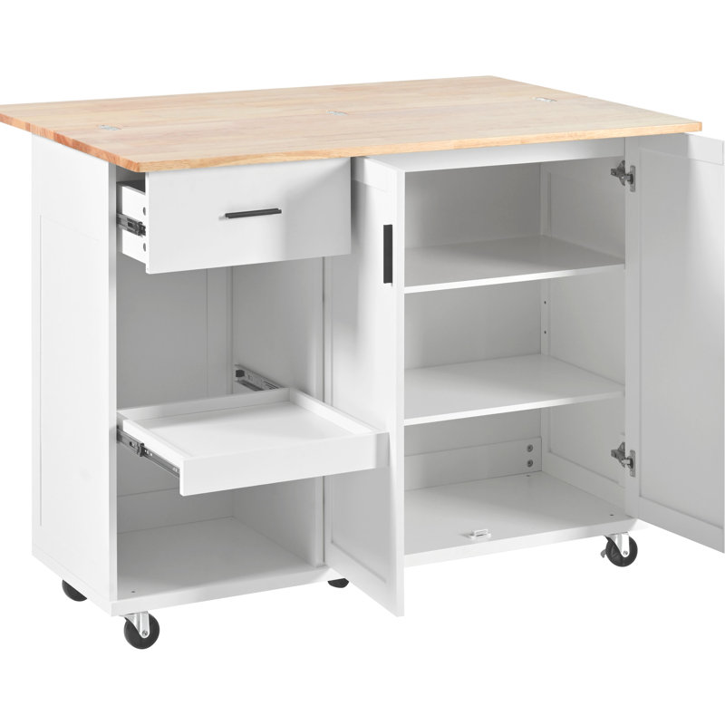Îlot de cuisine avec comptoir et rangement pliables, porte-serviettes, tiroir, tablette coulissante, roulettes, espace pratique de comptoir de style blanc,