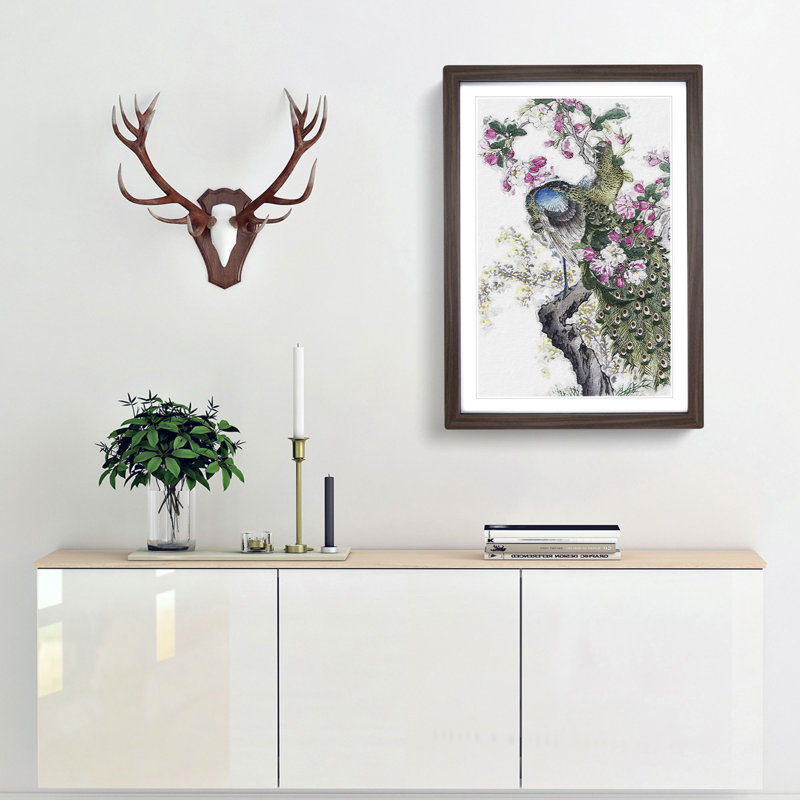 Two Peacocks by Kono Bairei - Picture Frame Painting Print, Walnut Framed, 48cm H x 36cm W x 2cm D