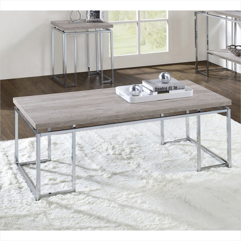 Table basse avec plateau en placage de chêne naturel et base argentée, centre de table rectangulaire