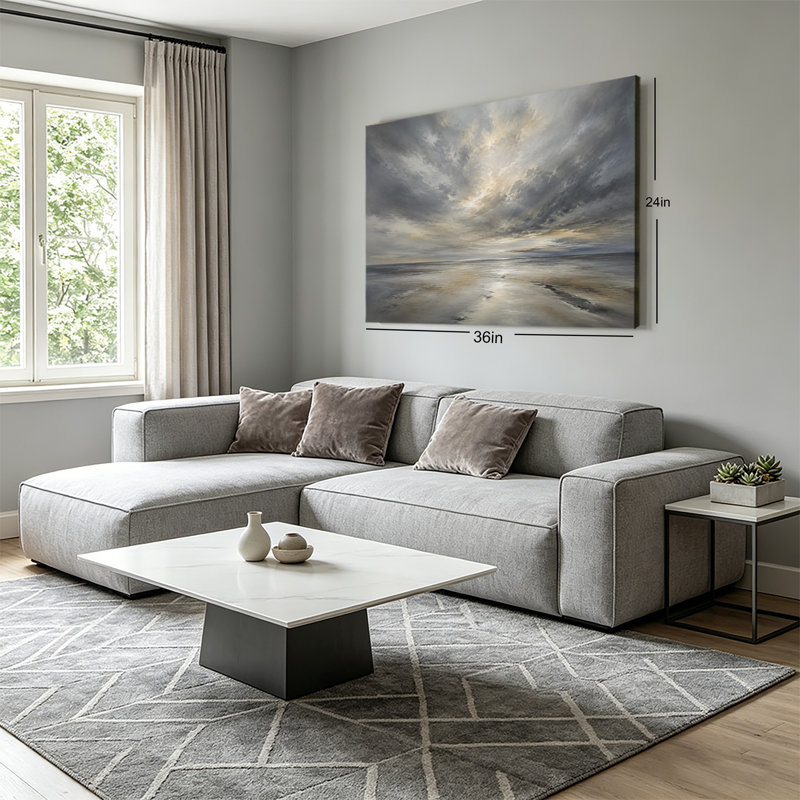 Serene Neutral Tone Coastal Sky Gallery Wrapped Canvas Print with Grey Clouds and Calm Shoreline Ready to Hang, 20x30in