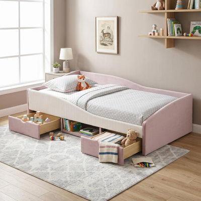 Low Upholstered Bed with Storage Shelf and Drawers