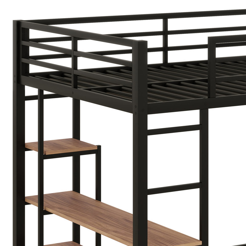 Lit mezzanine en métal avec bureau intégré et tablettes de rangement