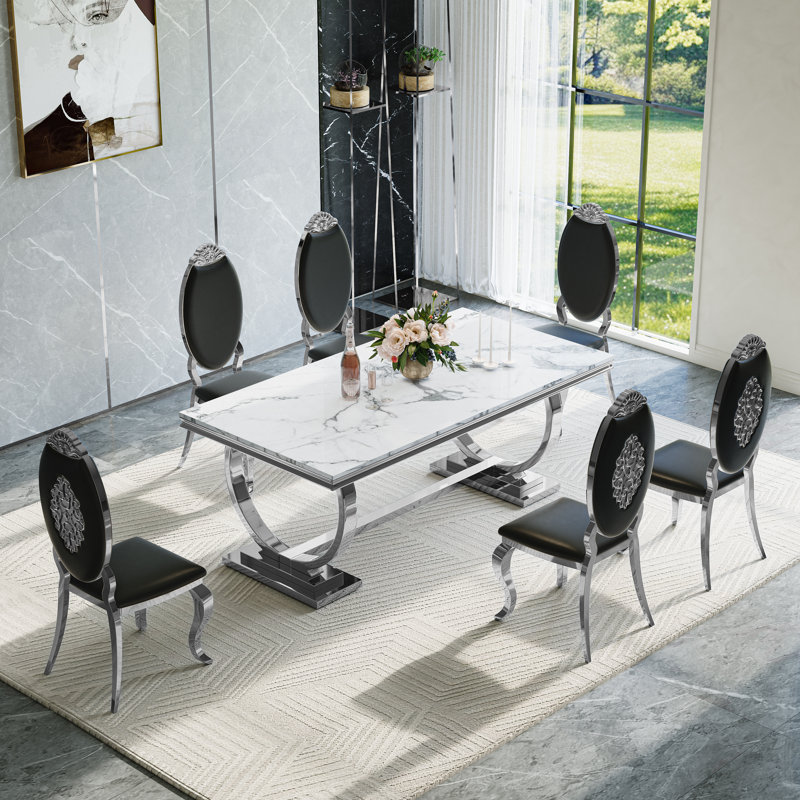 7 - Piece Dining Set, 7 Pieces: Table, 6 Chairs, Black/Black/Silver, White/Black/Silver