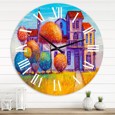 Maison colorée dans le village de contes de fées - horloge murale traditionnelle