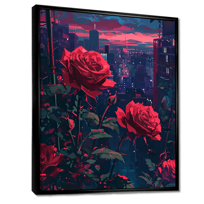 «Red Rose Urban Sunset I - Roses», art mural, Toile avec cadre flottant noir, H 44 po x l 34 po x P 1,5 po